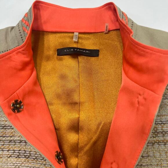 Elie Tahari Mandarin Collar Blazer Snaps Tan & Orange Braided Details Size 8 - Picture 6 of 11